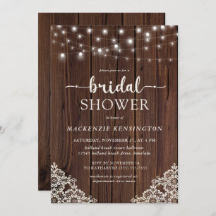 Invitación Farmhouse Wood String Lights Lace Bridal Shower
