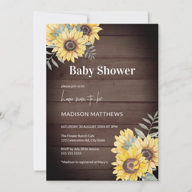 Invitación Farmhouse Wood Sunflower Baby Shower (Anverso)