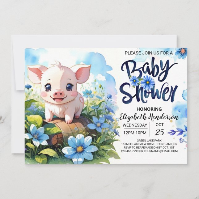 Invitación Farmyard Fun Pig Blue Baby Shower (Anverso)