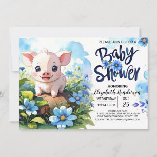 Invitación Farmyard Fun Pig Blue Baby Shower