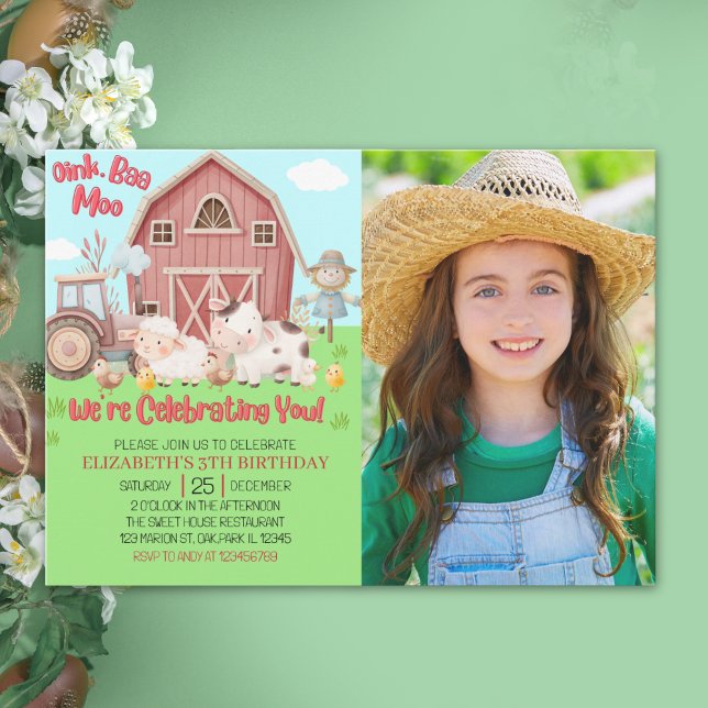 Invitación Farmyard Girl Birthday Photo – Cute Barn Animals  (Subido por el creador)