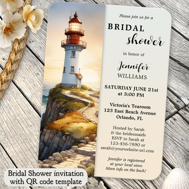 Invitación Faro acuático ducha de novia costera (Coastal bridal shower invitation featuring a watercolor painting of a lighthouse at sunset - QR code)