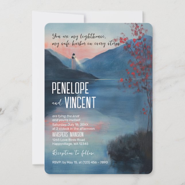 Invitación Faro cerca del boda del lago (Anverso)