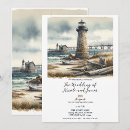 Invitación Faro Costero Rústico Boda en la Playa junto al Mar