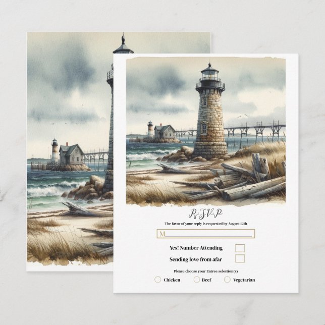 Invitación Faro Costero Rústico en la Playa junto al Mar RSVP (Anverso / Reverso)