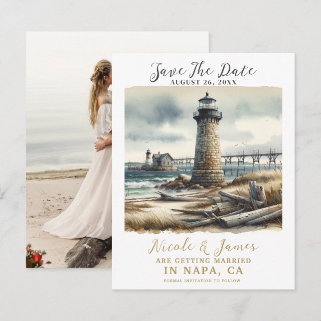 Invitación Faro Costero Rústico junto al Mar Avisa la Fecha (Anverso / Reverso)