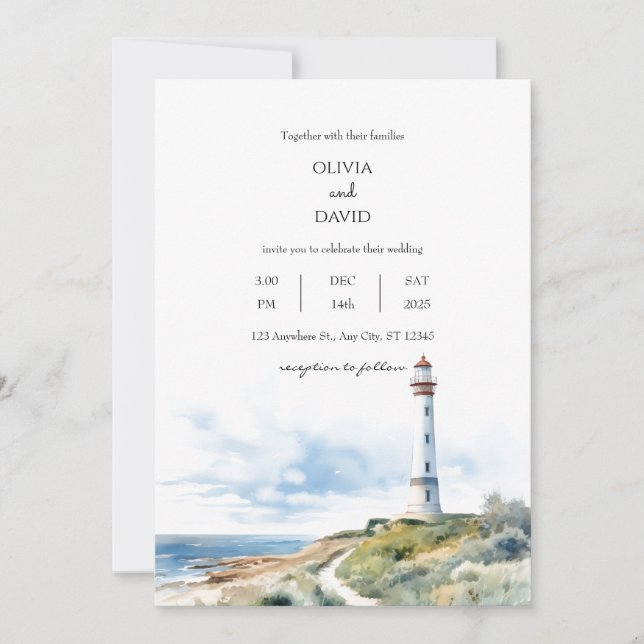 Invitación Faro costero Sendero Océano Vista de la playa Boda (Anverso)