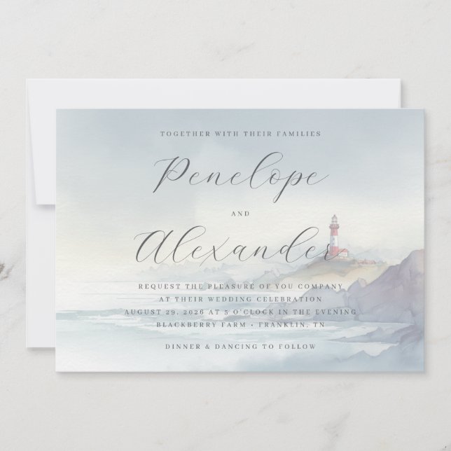 Invitación Faro de Acuarela de Azul Sereno (Anverso)