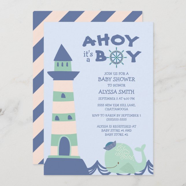 Invitación Faro de ballena verde azul Ahoy Boy Baby Shower (Anverso / Reverso)