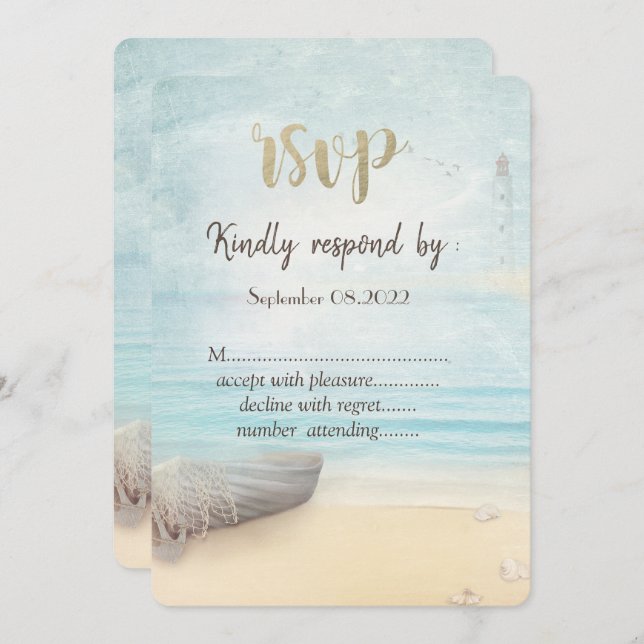 Invitación Faro de Barco de Playa RSVP  (Anverso / Reverso)