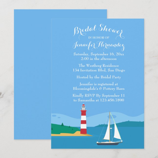 Invitación Faro de ducha Naudal Blue Bridal y barco de vela (Anverso / Reverso)