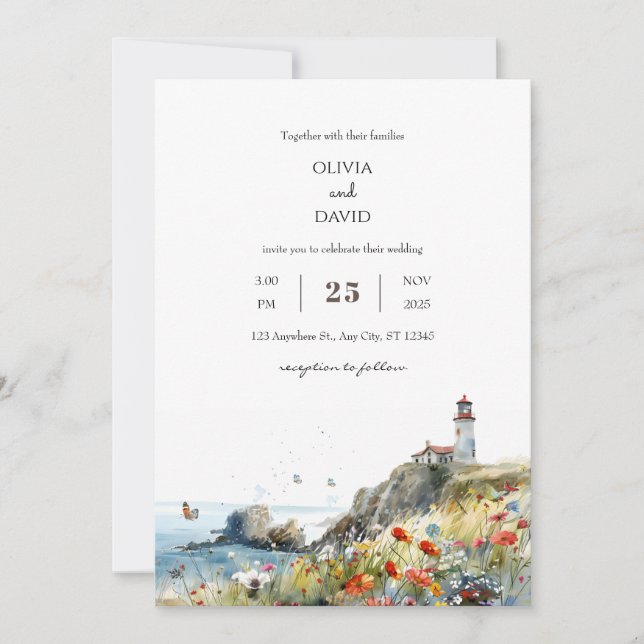 Invitación Faro de Flor Silvestre Costero Vista Boda Playa (Anverso)
