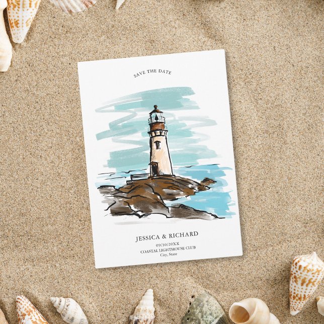 Invitación Faro de la costa dibujado a mano por capilla capri (hand drawn lighthouse save the date)