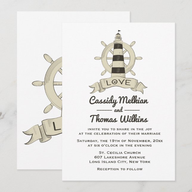 Invitación Faro de la rueda náutica Faro de la rueda Tan Boda (Anverso / Reverso)