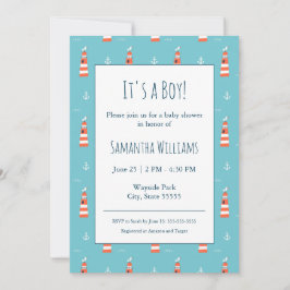 Invitación Faro de niño bebé y patrón de anclaje en azul