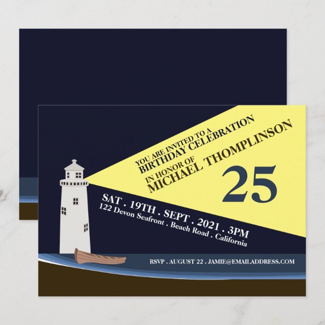 Invitación Faro de noche, fiesta de cumpleaños en la playa (Anverso / Reverso)
