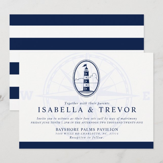 Invitación Faro de playa | Boda temático náutico (Anverso / Reverso)