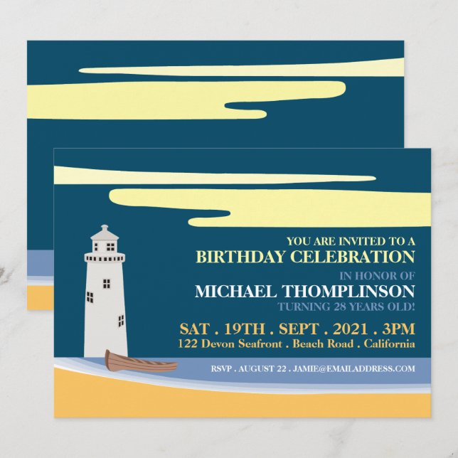 Invitación Faro de playa, fiesta de cumpleaños (Anverso / Reverso)