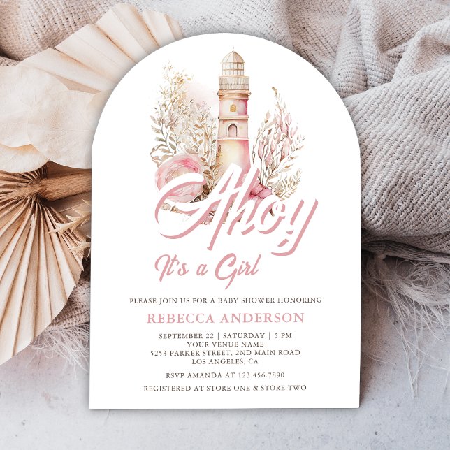 Invitación Faro floral rosa Faro Nautical Arch Baby Shower (Subido por el creador)