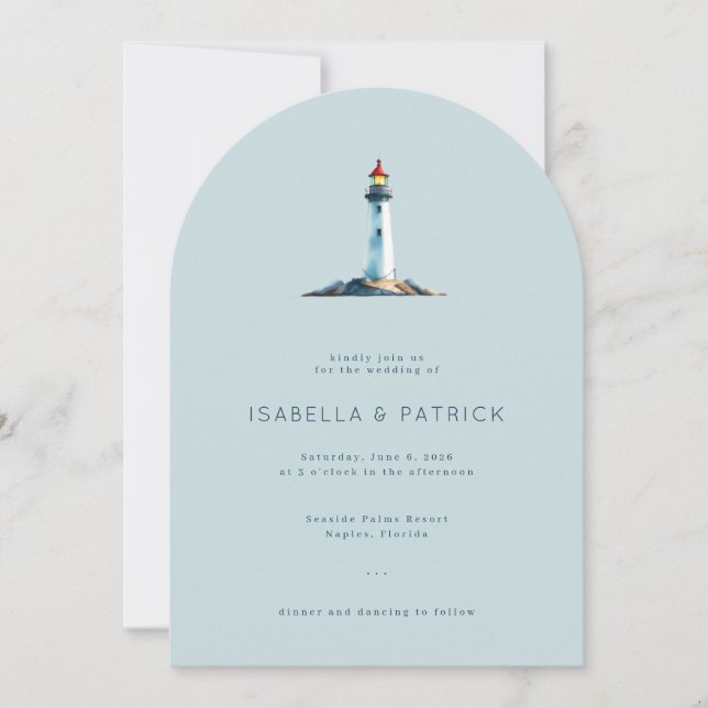 Invitación Faro minimalista azul sereno (Anverso)
