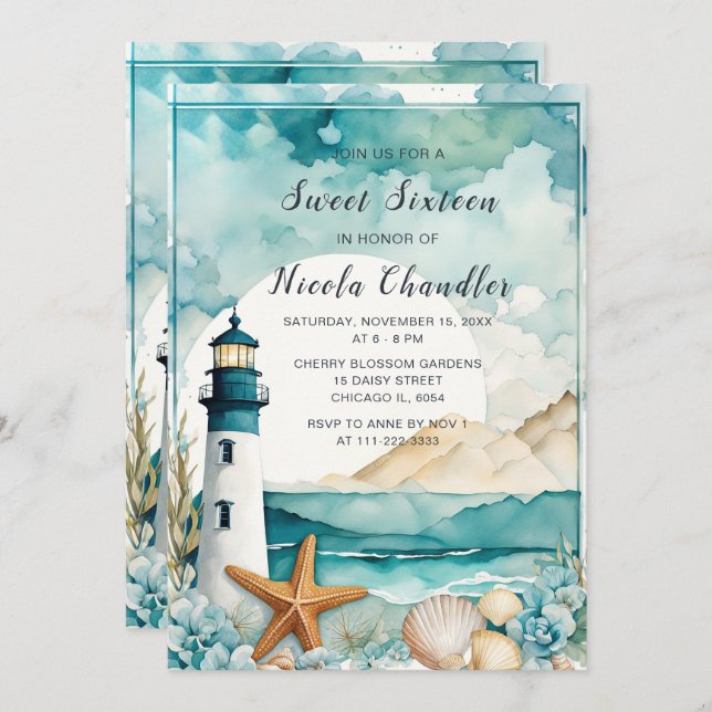 Invitación Faro Náutico Dulce Dieciséis Cumpleaños (Anverso / Reverso)