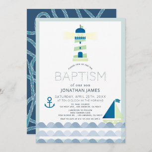 Invitación Faro Náutico Marina Naval Baptismo Azul Inv