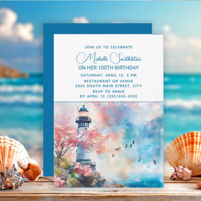Invitación Faro Océano Náutico 100 cumpleaños (Lighthouse/beach birthday party invitation)