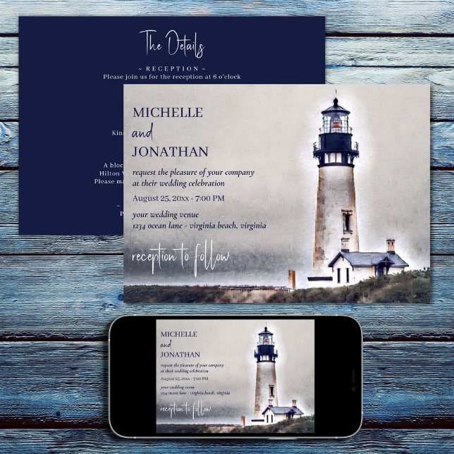Invitación Faro playa náutica todo en un Boda (Printed (Front and Back) and Digital - Lighthouse Nautical Beach All in One Wedding Invitation)