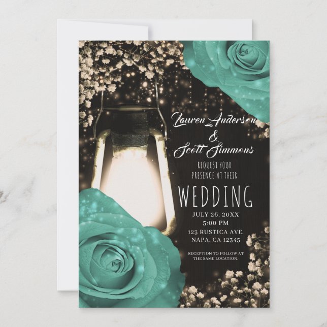 Invitación Faro Rústico de Resplandor Rosas Verde Menta Boda (Anverso)
