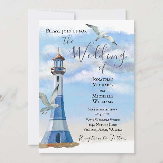 Invitación Faro y gaviotas todo en una boda playera (Anverso)