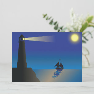 Invitación Faro y velero por la noche Océano iluminado por la