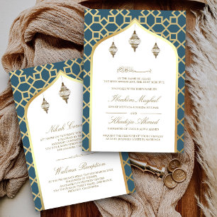 Invitación Faroles colgantes de oro azul polvoriento para bod