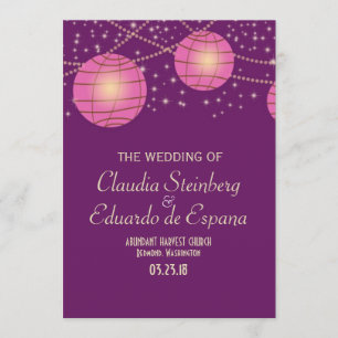 Invitación Faroles festivos con pasto oscuro morado y rosa