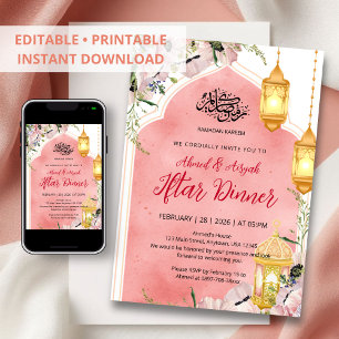 Invitación Faroles florales de acuarela rosa para Iftar de Ra
