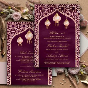 Invitación Faroles rosados ciruela rosa oro púrpura Boda musu