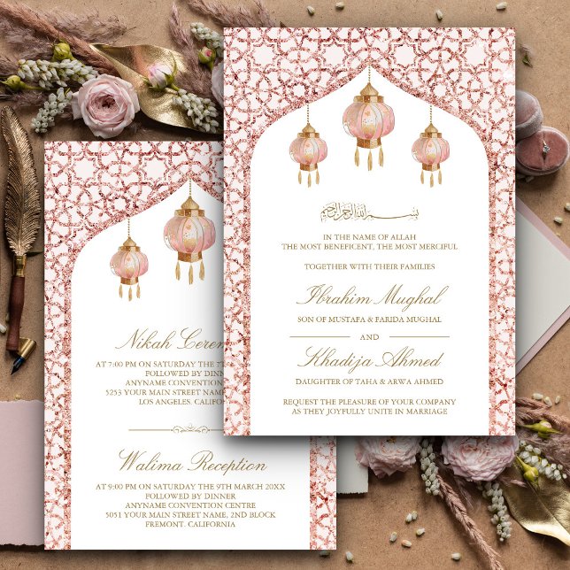 Invitación Faroles rosados Rosa Rubor Boda musulmana de oro (Subido por el creador)