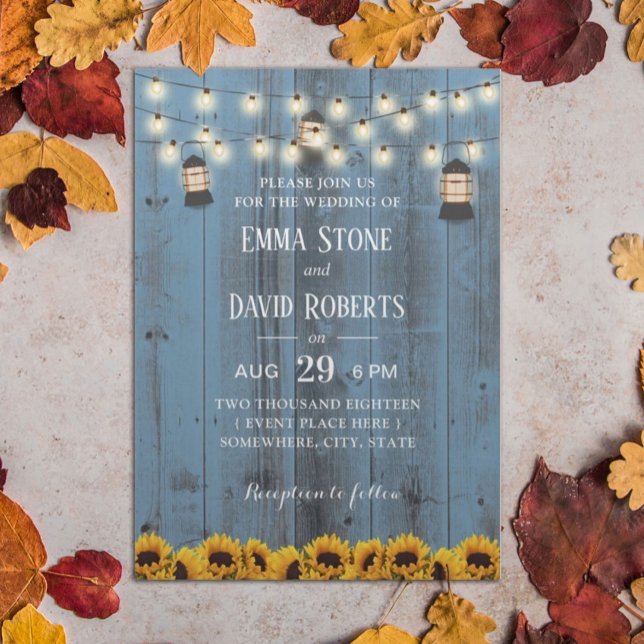 Invitación Faroles y girasoles rústicos Boda azul turbio (Subido por el creador)