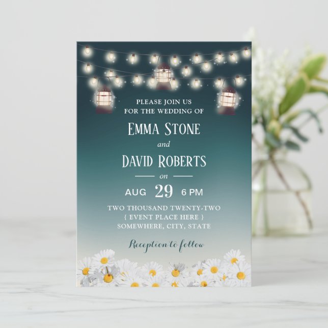 Invitación Farolitos Rústicos y Flores de margarita Boda Verd (Anverso de pie)