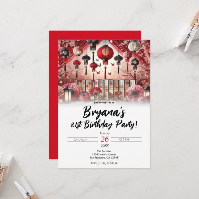 Invitación Faros japoneses y flores de cerezo Fiesta de cumpl (Anverso/Reverso In Situ)