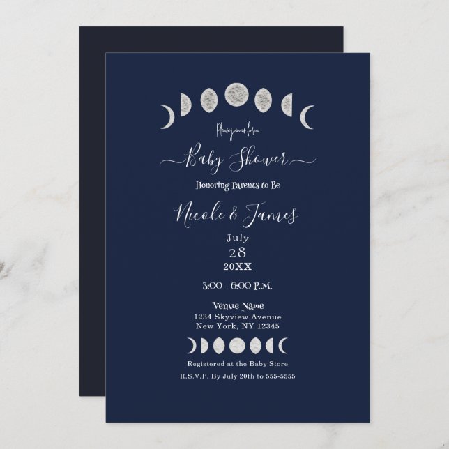 Invitación Fases de la luna Astrología azul Baby Shower Celes (Anverso / Reverso)