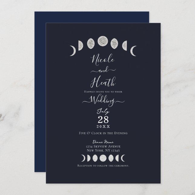Invitación Fases de la luna Astrología azul Boda celeste (Anverso / Reverso)