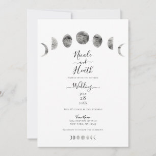 Invitación Fases de la Luna Blanca Acuarela Minimalista Boda