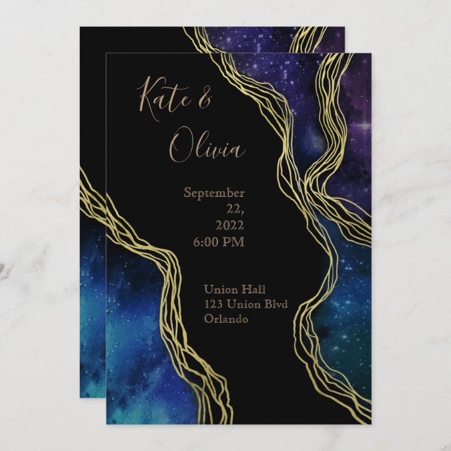 Invitación Fases de la luna de luz azul oscuro y Boda de la l (Anverso / Reverso)