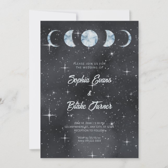 Invitación Fases de la luna nocturna estrellada Boda celeste  (Anverso)