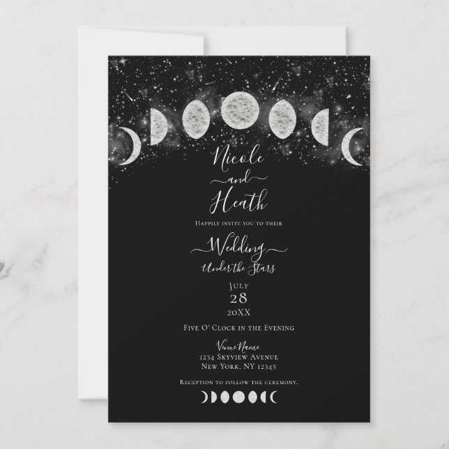 Invitación Fases de luna blanca y negra bajo el Boda de estre (Anverso)