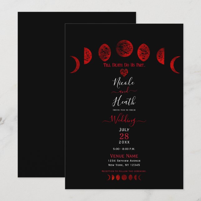 Invitación Fases de luna góticas de boda en rojo oscuro y neg (Anverso / Reverso)
