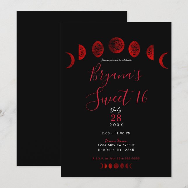 Invitación Fases de luna negra roja oscura boda gótica Sweet  (Anverso / Reverso)