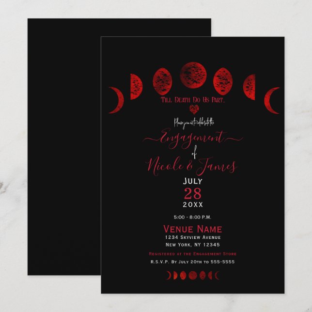 Invitación Fases de Luna Negra Rojo Oscuro Fiesta de Compromi (Anverso / Reverso)