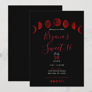 Invitación Fases de Luna Negra Rojo Oscuro Gótico Dulce 16 Cu