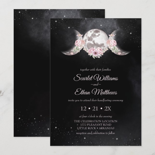 Invitación Fases De Moon Floral Rosa Mismática Wicca Handfast (Anverso / Reverso)